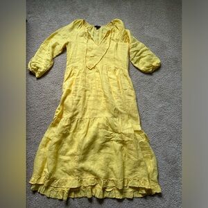 Yellow linen midi tiered dress